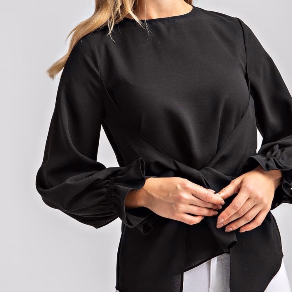 *NEW* BLACK TWIST-FRONT LONG SLEEVE BLOUSE WITH RUFFLE CUFF
